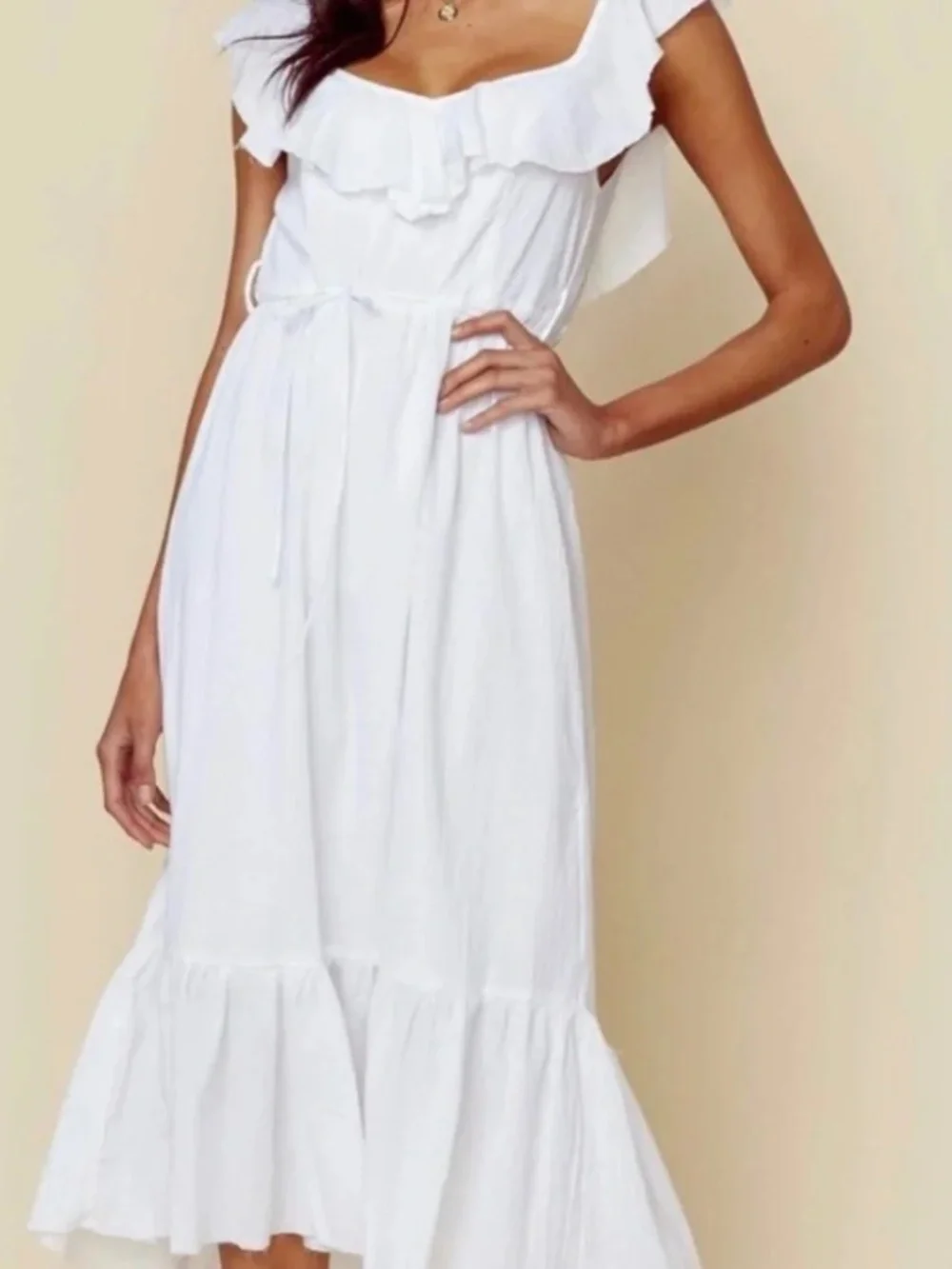 Rue Stiic Clara White Cotton Ruffle High-Low Maxi Dress NWOT Size S